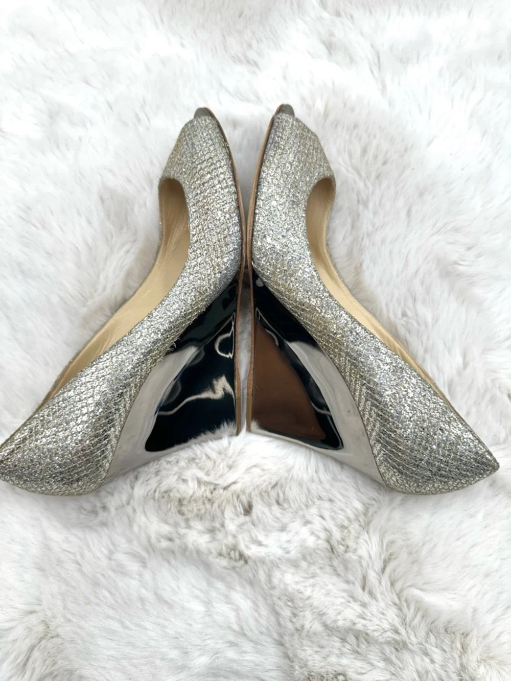 Jimmy Choo Isabel Champagne Glitter Peep Toe Pumps 40.5 US 10.5 Gold Heels